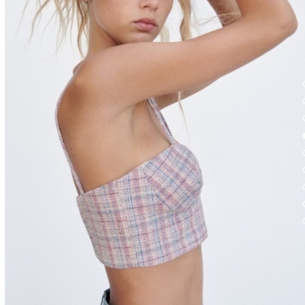 ZARA NEW Pink Blue Tweed 72% Cotton Cropped Heartshaped Neckline Spaghetti Strap - Picture 4 of 16